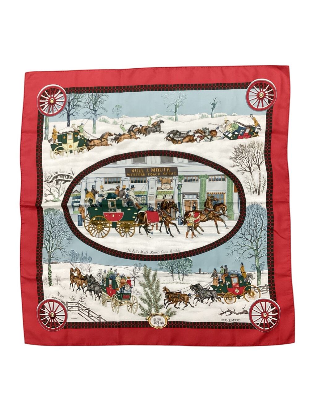 Hermes Scarf Women’s One Size Big Square Coach &Horses &Winer Motif Red &Colors